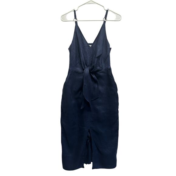 Reiss Navy Linen Tie Front Midi Dress Size 2 Adjustable Straps V-Neck Slit Hem - Picture 1 of 14
